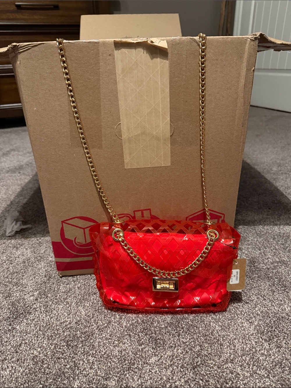 Red Quilted Crossbody Bag with Gold Chain Handle